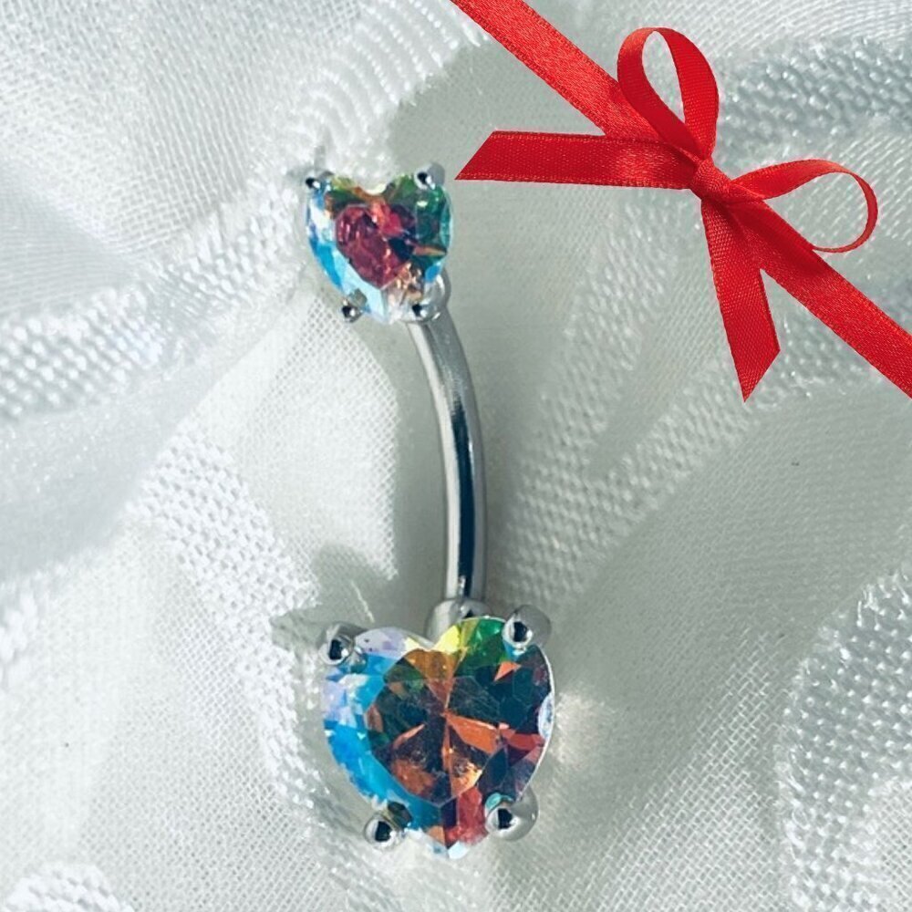 🆕 NWOT 💖 14G Heart-Shaped Belly Bar in 925 Sterling Silver ✨ Cubic Zirconia Na